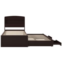 Twin Long Platform Bed With LED Headboard, Charging Station, Twin Trundle And 2 Drawers - Dark Brown