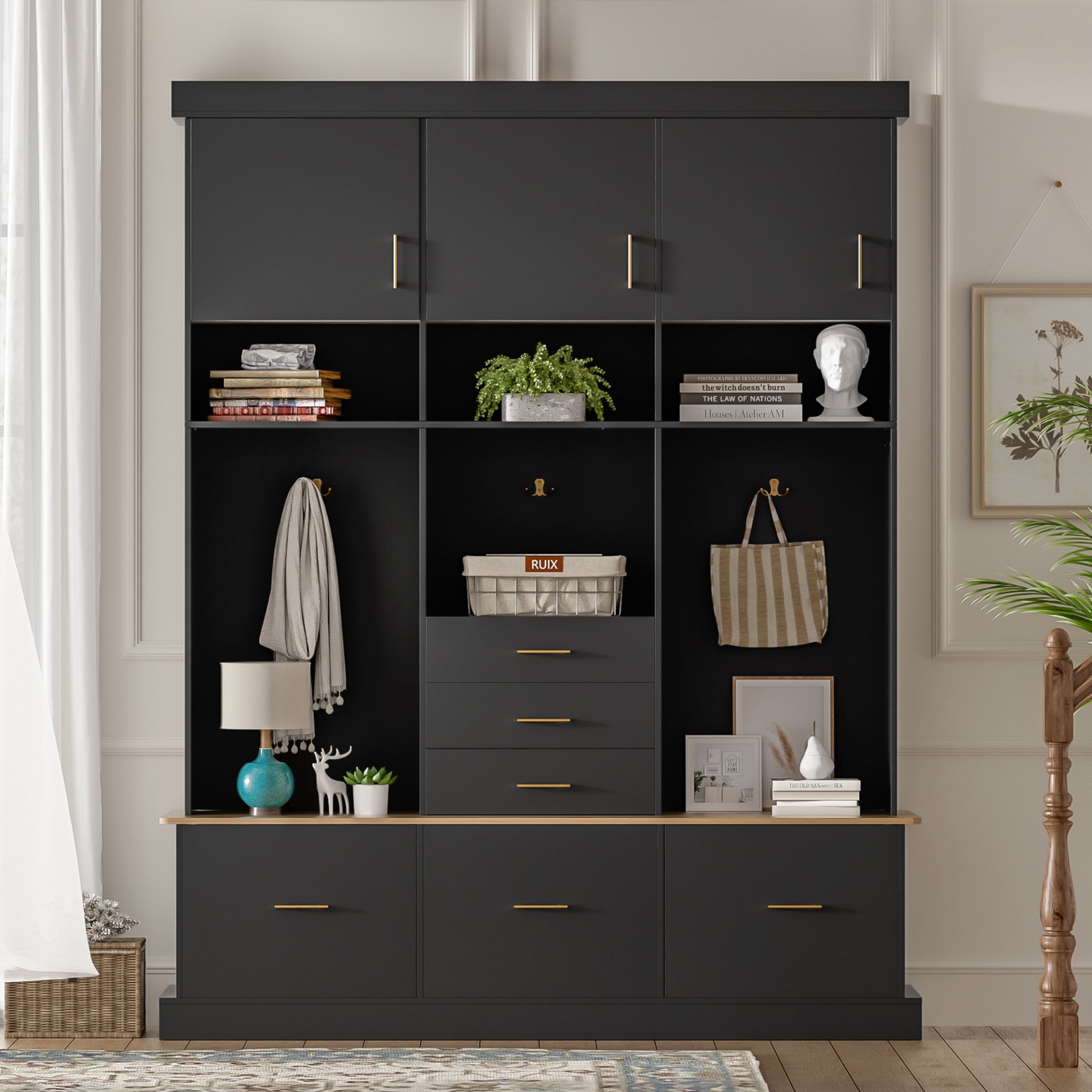 Entryway Hall Tree With Bench And Storage, 5 In 1 Coat Rack, 6 Drawers, 3 Cabinets And 3 Tier Top Storage - Black - Image 2