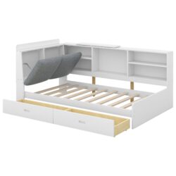 Twin Size Platform Bed With Storage Headboard, Shelves And 2 Drawers - White