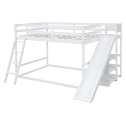 Full Over Full Bunk Bed With Ladder, Slide, And Shelves - White