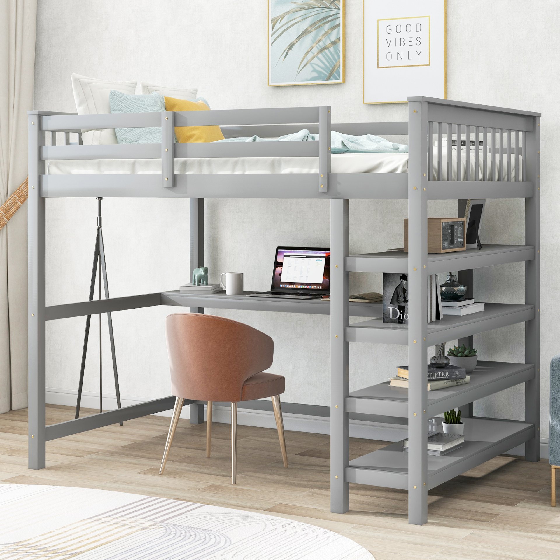 Full Size Loft Bed With Storage Shelves And Under Bed Desk - Gray - Image 2