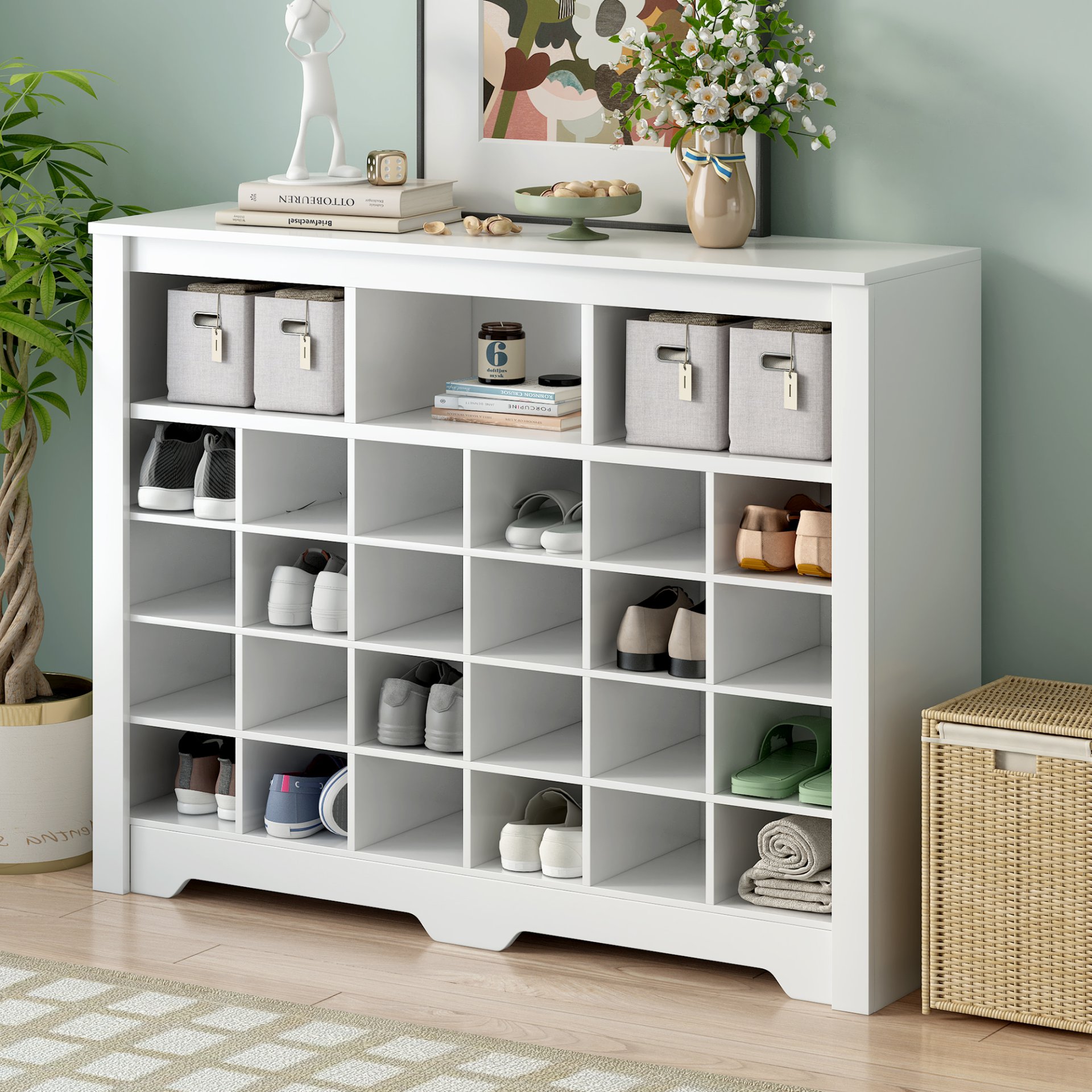 24 Shoe Cubby Console, Shoe Cabinet - White - Image 2