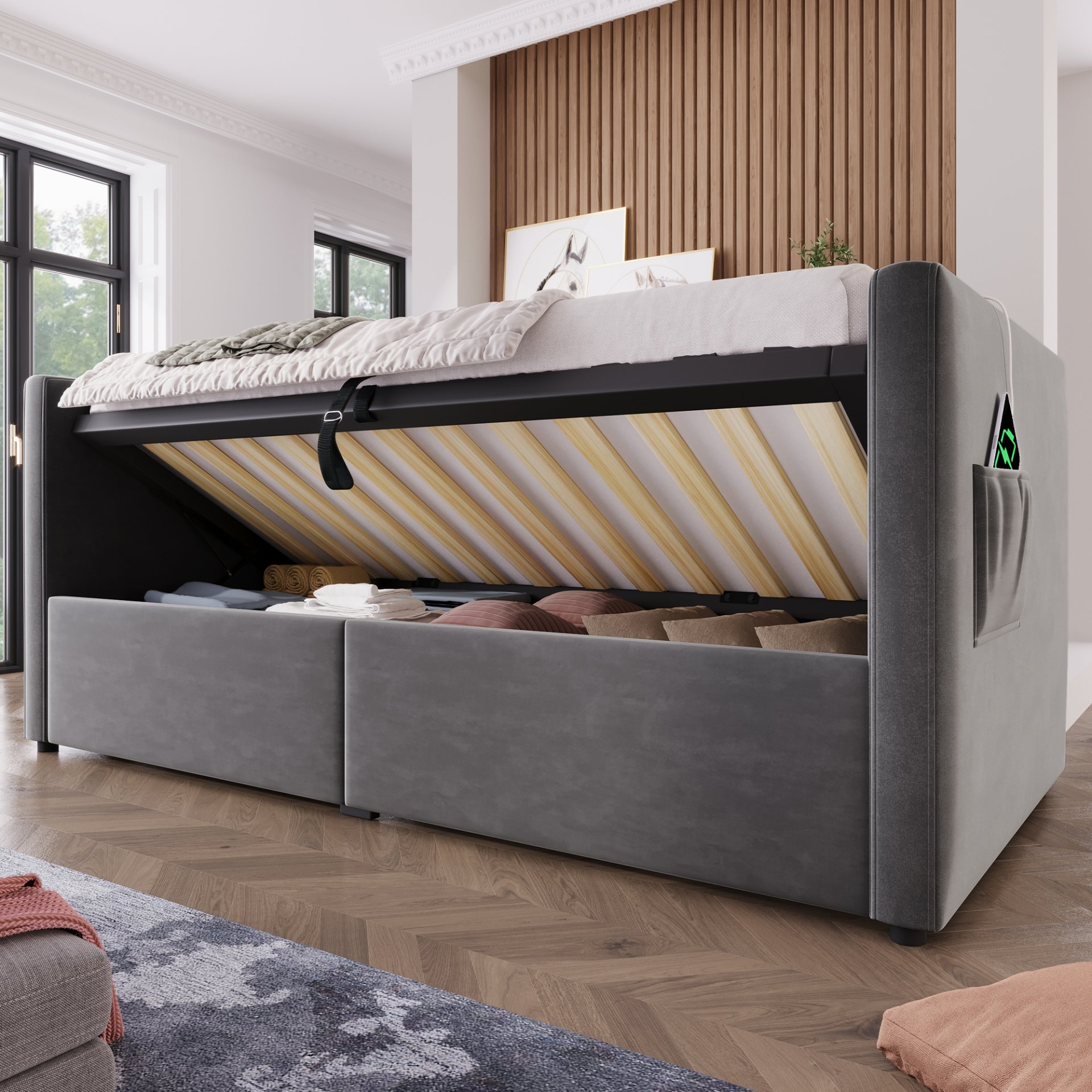 Twin Size Upholstered Hydraulic Storage Daybed With USB & Type C Charging - Gray - Image 16