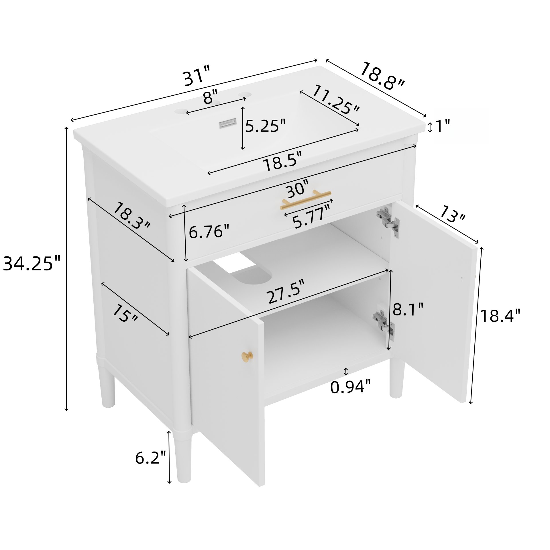 Bathroom Vanity With Sink, Soft Close Doors And Adjustable Shelf, Curved Profile Design - White - Image 3