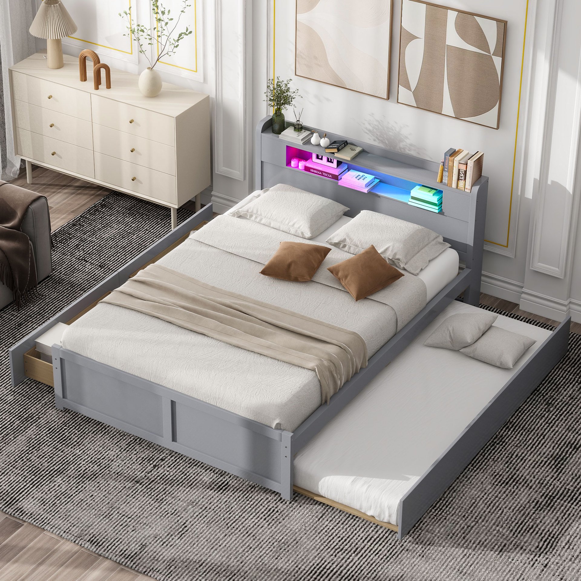Queen Size Storage Platform Bed With LED Lights, 2 Drawers And Twin Trundle - Gray - Image 4