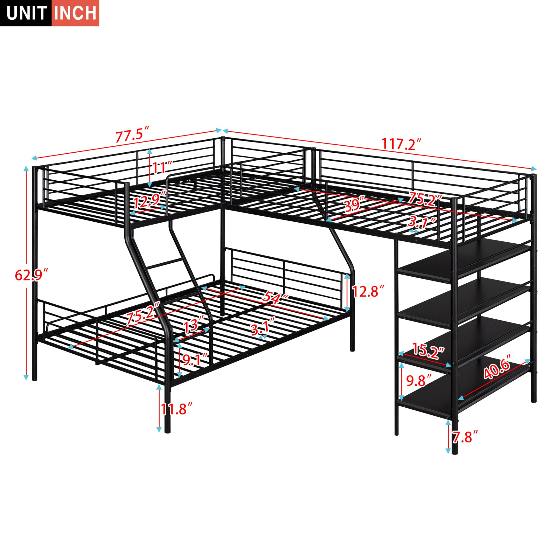 L-Shaped Twin Over Full Bunk Bed And Twin Loft Bed With 4 Built In Shelves - Black - Image 3