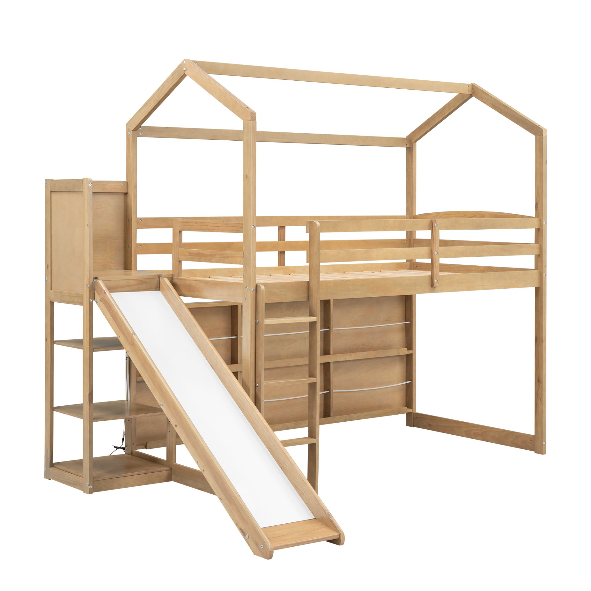Twin Size House Loft Bed With Slide, Storage Shelves And Light, Climbing Ramp - Wood - Image 9