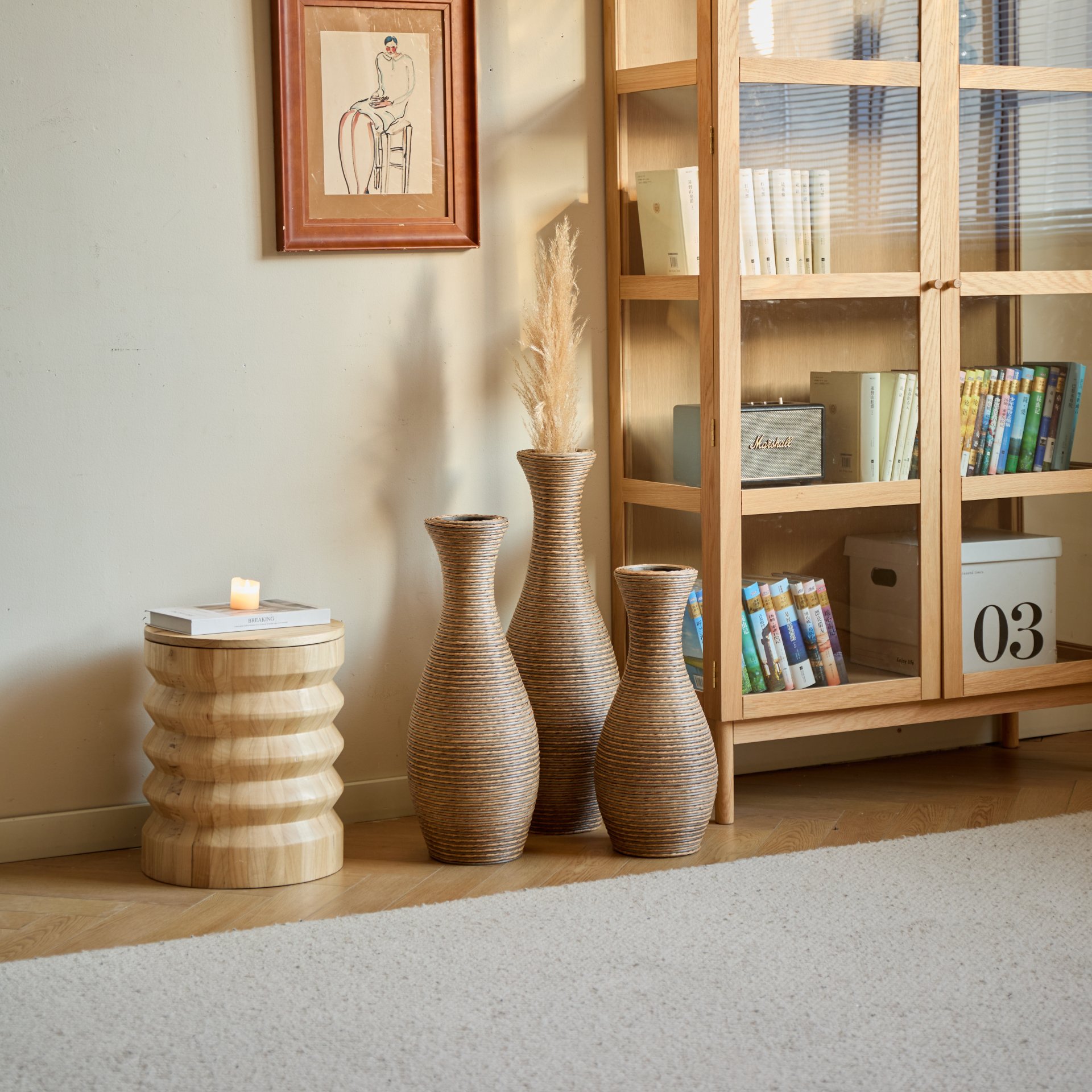 3 Piece Artificial Rattan Floor Vase Set Decorative Accent For Living Room, Hallway & Entryway, Ideal For Dried Or Silk Flower Arrangements - Beige - Image 20