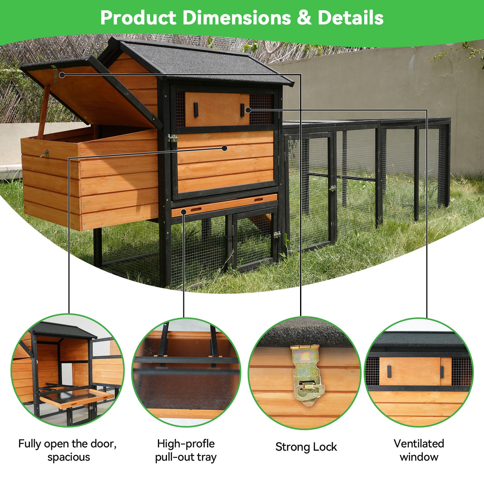 Chicken Coop With Run And Nesting Box, Large Outdoor Hen House For Backyard - Brown / Black - Image 7