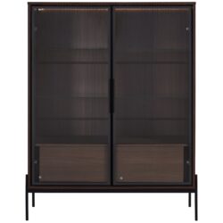 Modern Minimalist Style LED Curio Cabinet With Tempered Glass Door, Metal Legs - Black / Dark Walnut