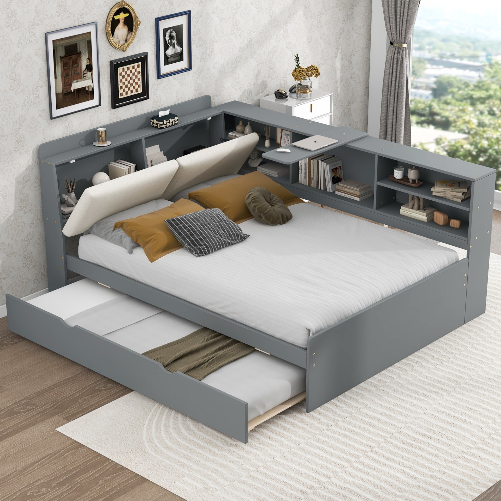 Full Size Platform Bed With Trundle, Shelves, And Storage Headboard - Gray - Image 4