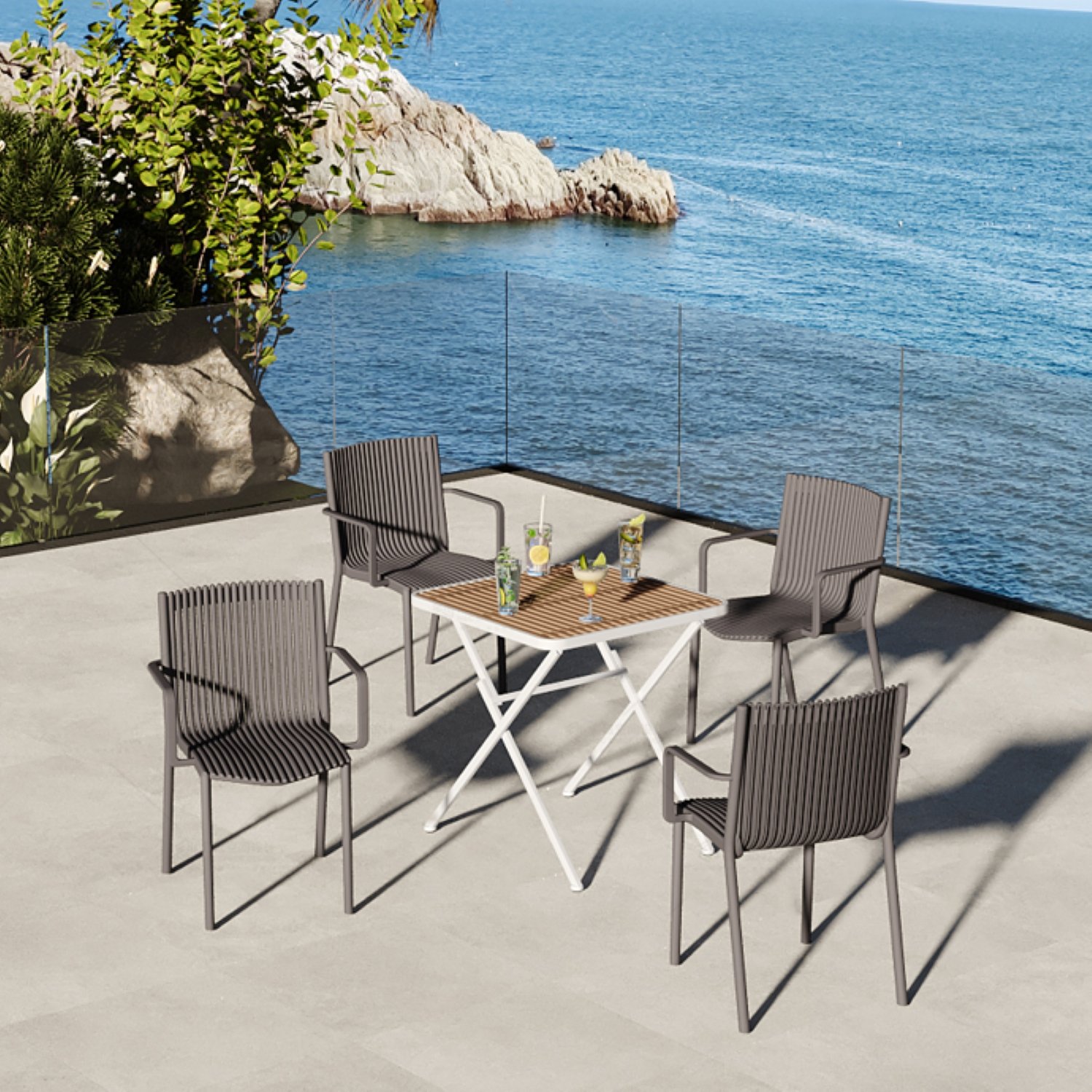 4 Piece Stackable Single Chairs With Vertical Stripe Design For All Weather - Warm Gray - Image 7