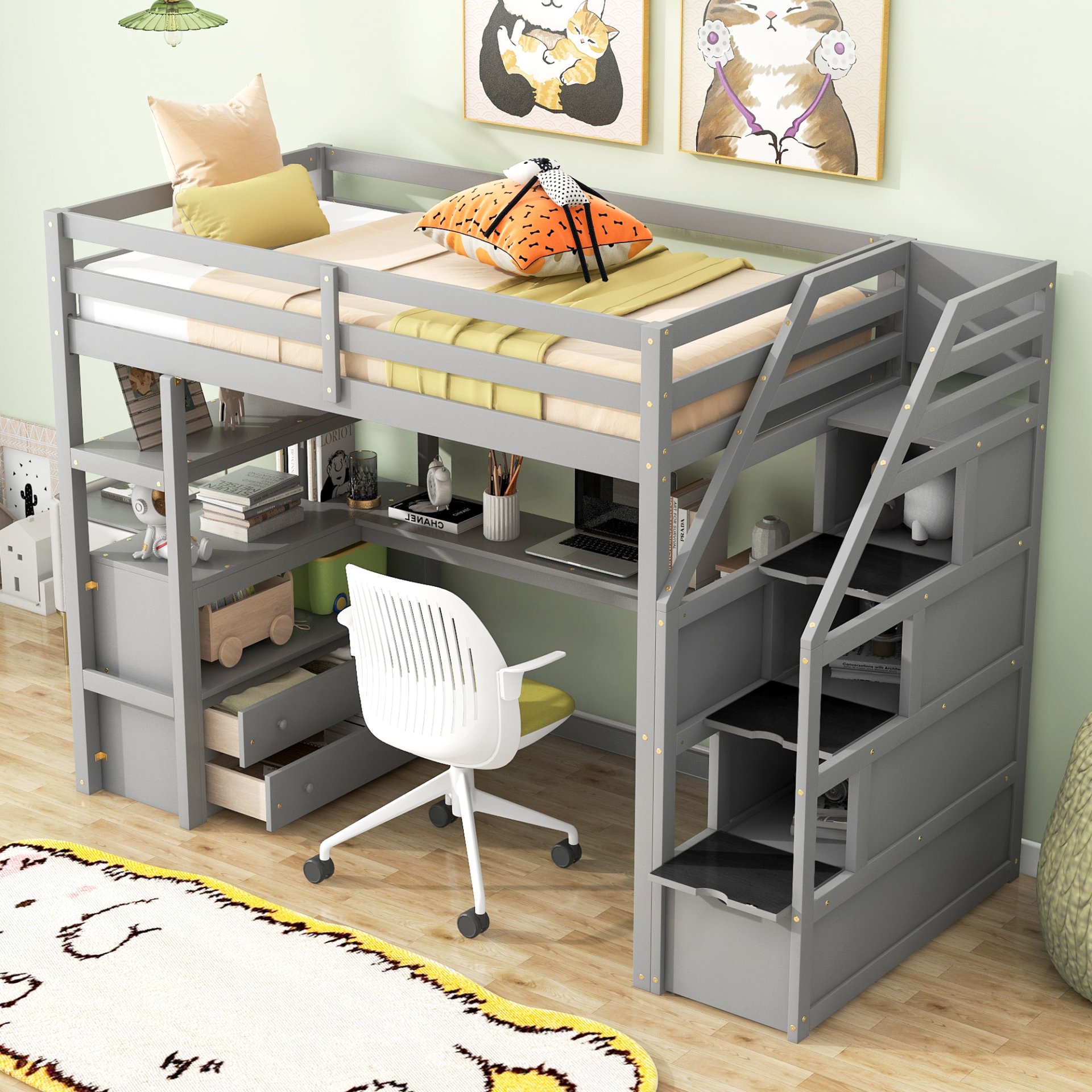 Twin Size Loft Bed With Built In Desk, Shelves, Drawers, And Storage Staircase - Gray - Image 5