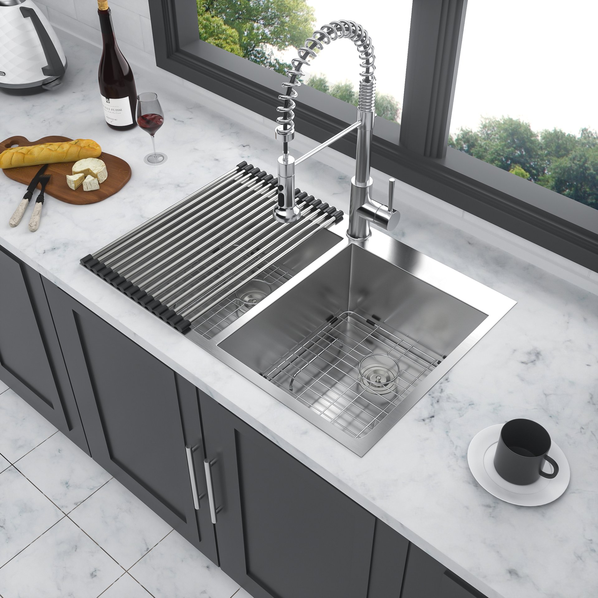 Double Bowl Drop In Sink, Stainless Steel With 50 / 50 Basins 18 Gauge - Brushed Nickel - Image 2