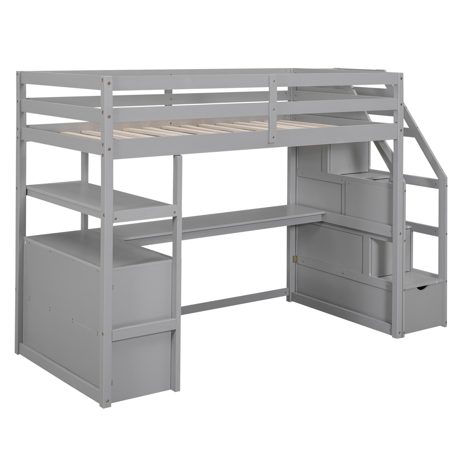 Twin Size Loft Bed With Built In Desk, Shelves, Drawers, And Storage Staircase - Gray - Image 8