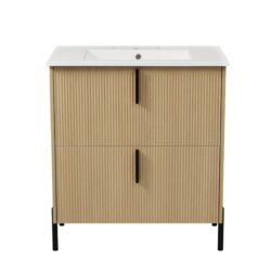 Fluted Bathroom Vanity With Sink, Full Extension Soft Close Drawers - Natural