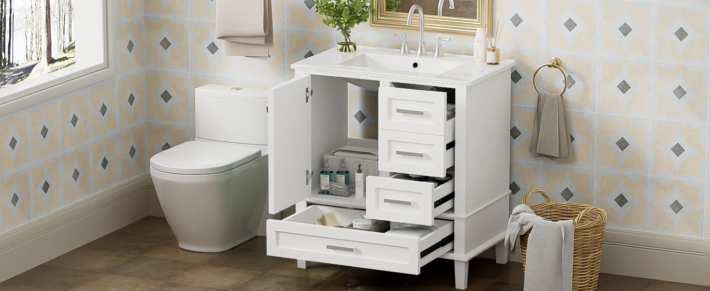 Bathroom Vanity, Modern Bathroom Cabinet With Sink Combo Set, Bathroom Storage Cabinet With A Soft Closing Door And 3 Drawers, Solid Wood Frame - White - Image 32
