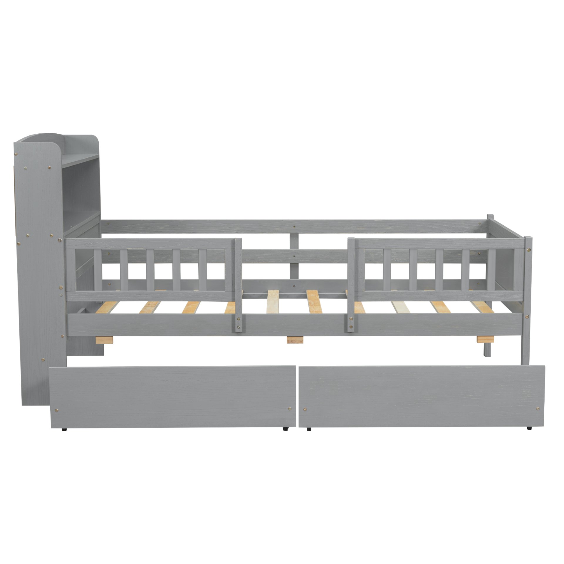 Twin Size Platform Bed With LED Light, Multi Functional Headboard, Guardrail And 2 Drawers - Gray - Image 7