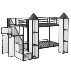 Twin Over Twin Castle Shaped Bunk Bed With Wardrobe And Storage - White / Black