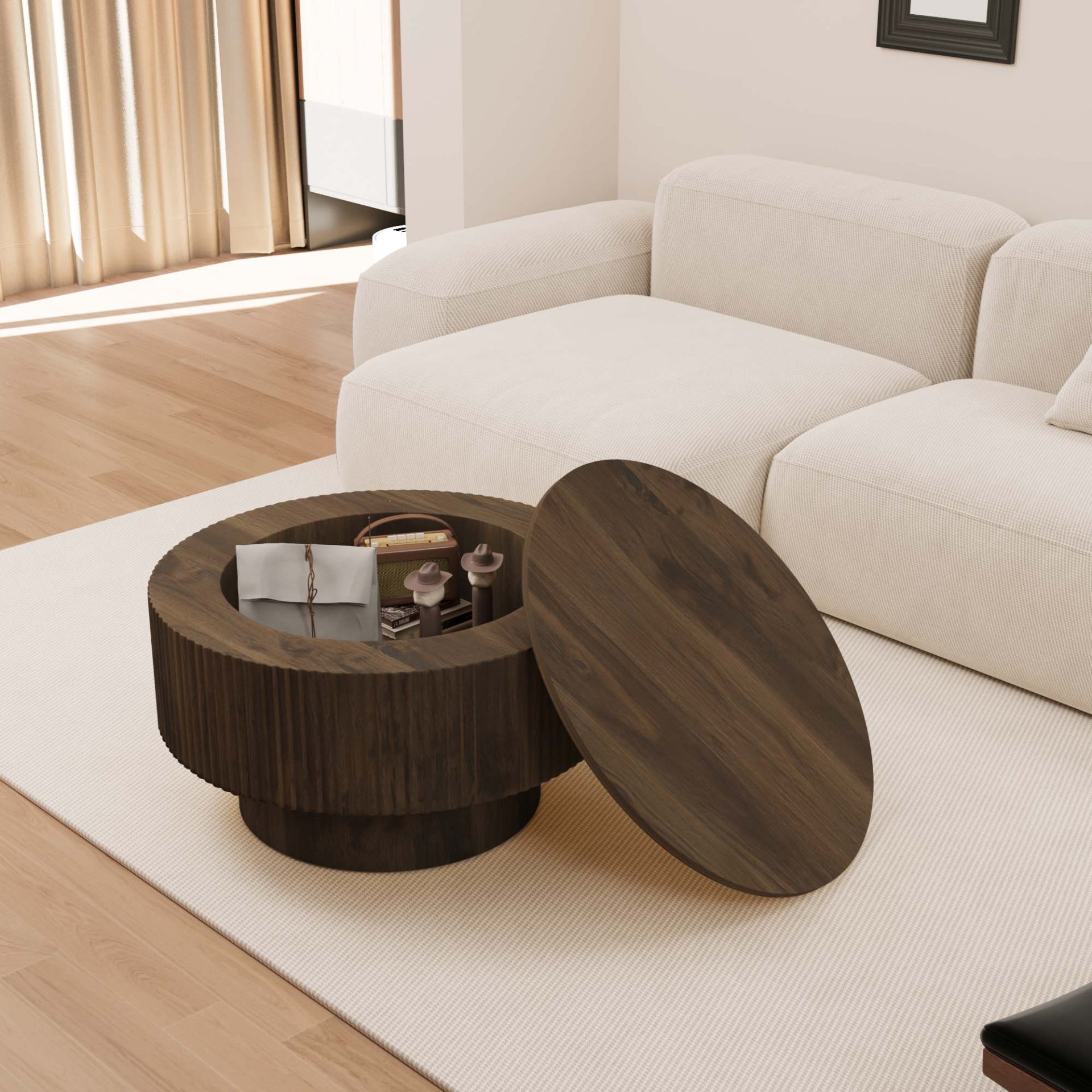 Circular Coffee Table With Stripe Design And Hidden Storage - Walnut - Image 7