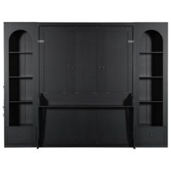 Queen Size Murphy Platform Bed With Shelf, Side Cabinets, Drawers And LED - Black