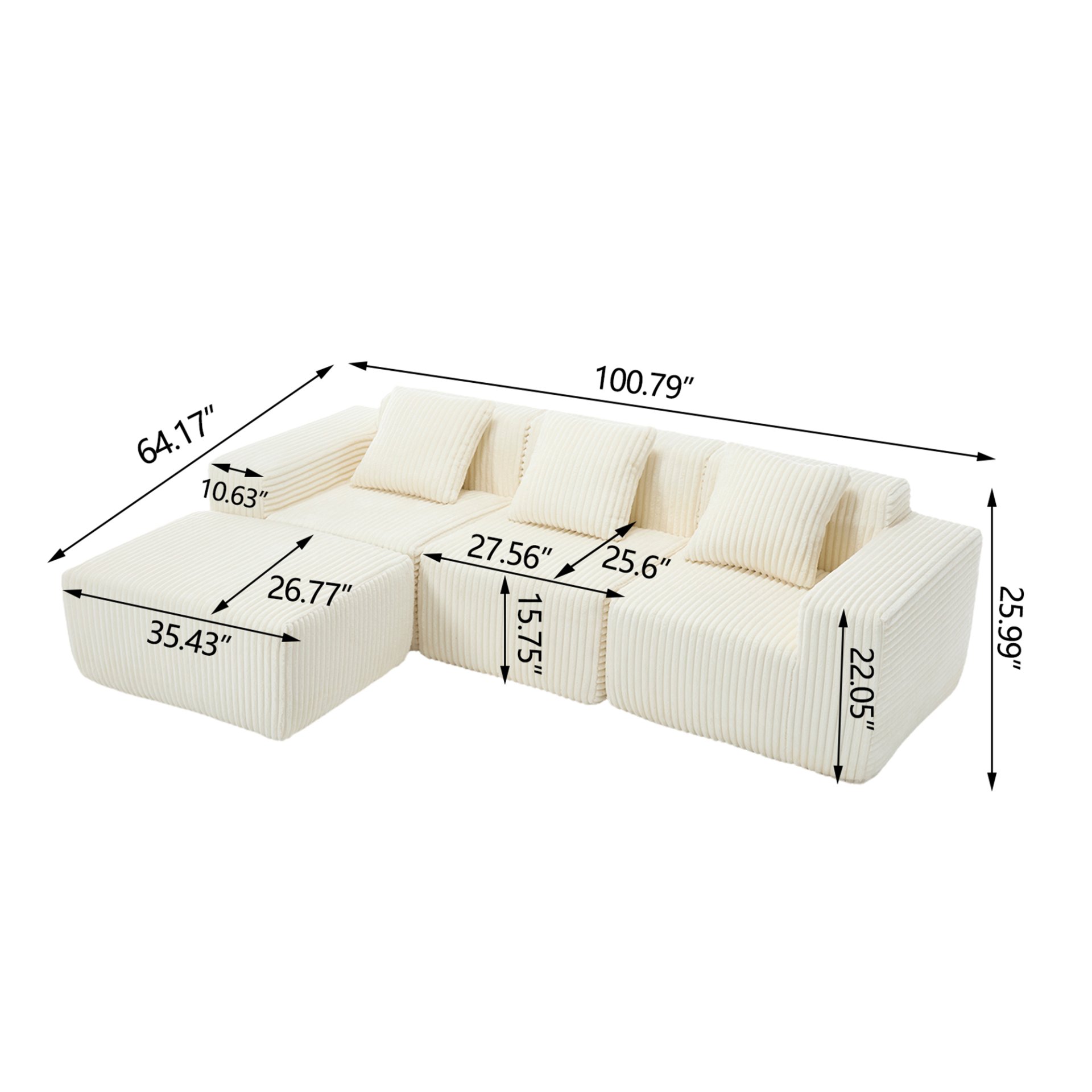 Modern Minimalist Modular Sectional Sofa, L - Shape Upholstered Cloud Couch - White - Image 3