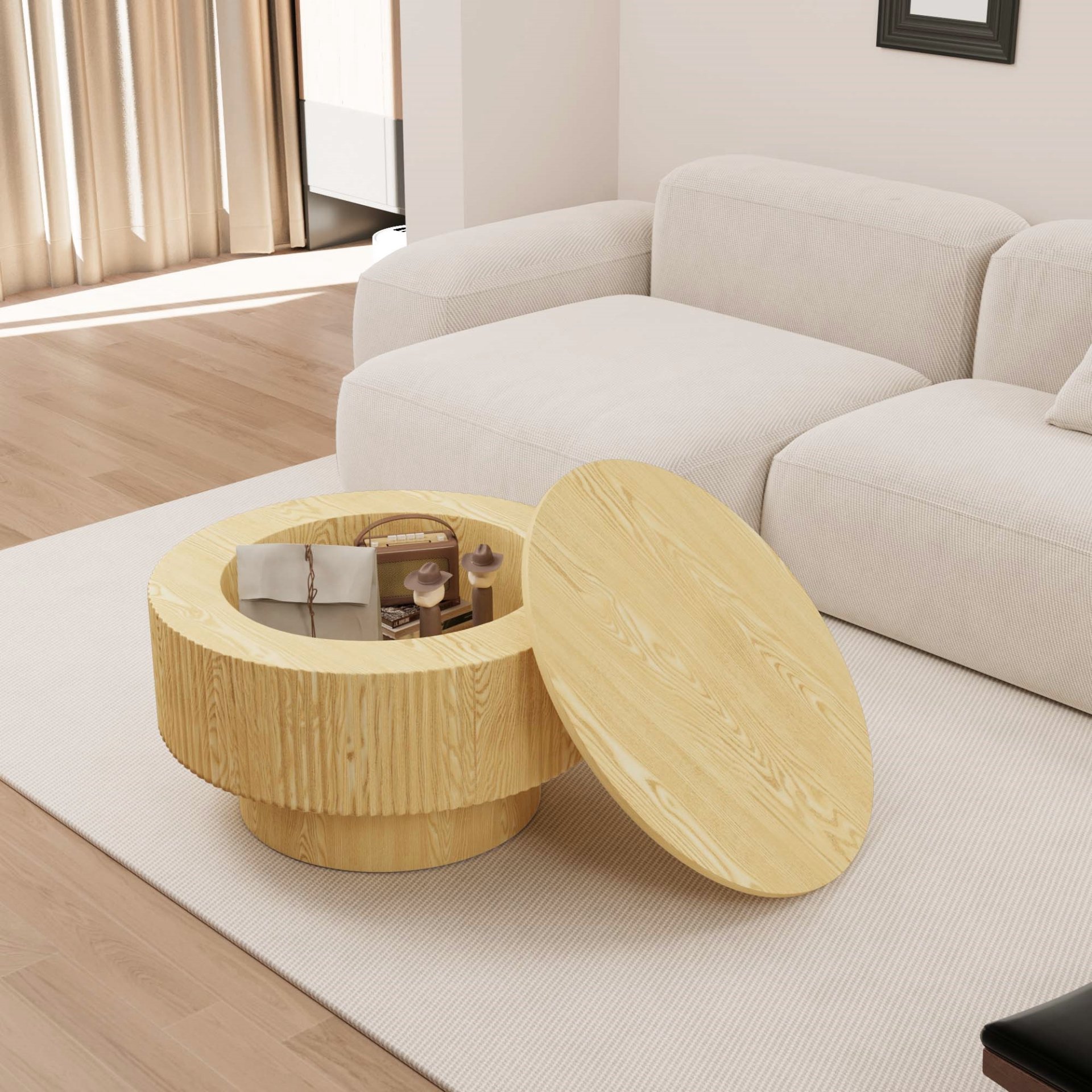 Circular Coffee Table With Stripe Design And Storage Space - Natural Wood - Image 6
