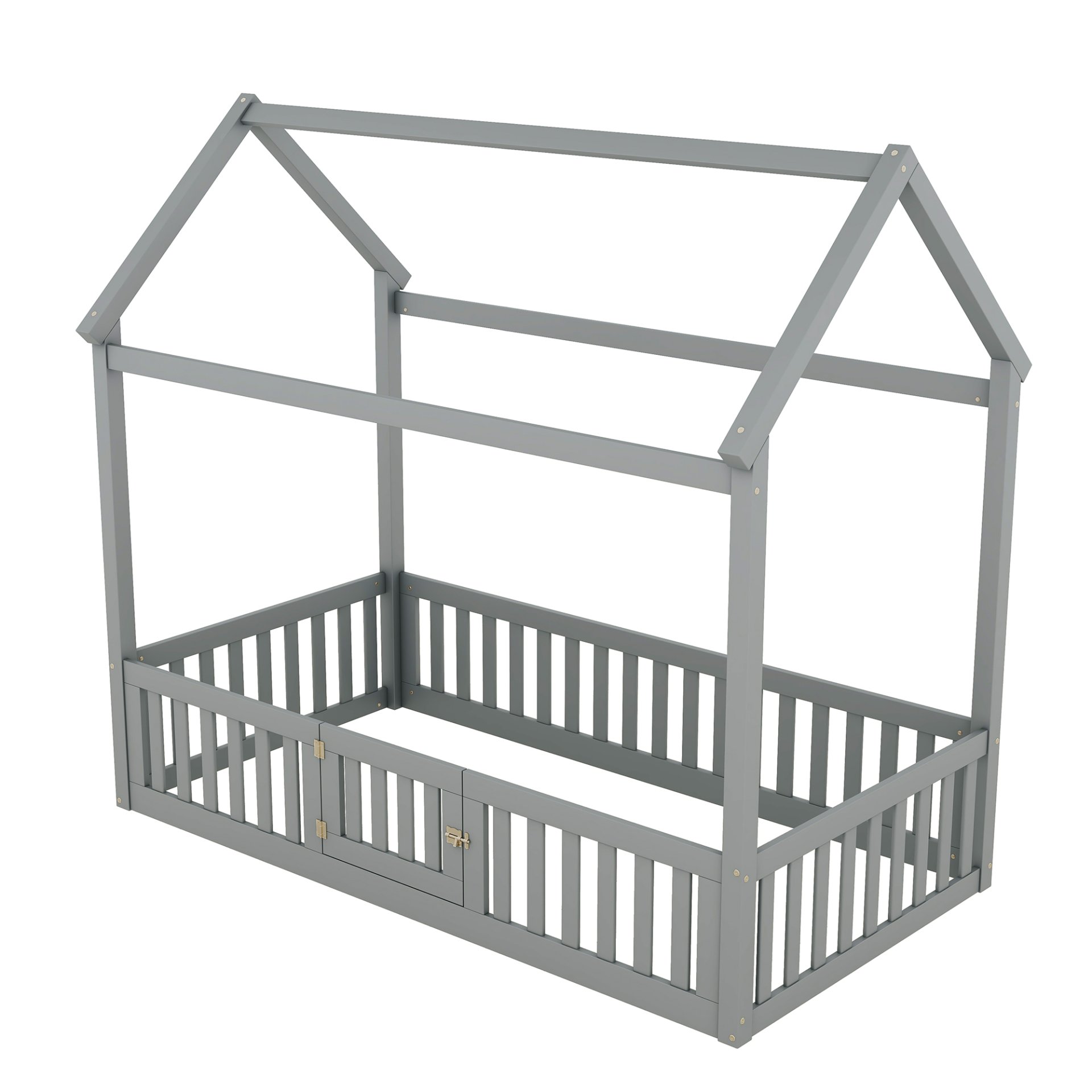 Twin Size House Bed With Fence And Door - Gray - Image 6