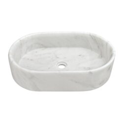 Vessel Sink, Semi Polished Surface, Genuine Real Marble, Oval Shape - White / Natural