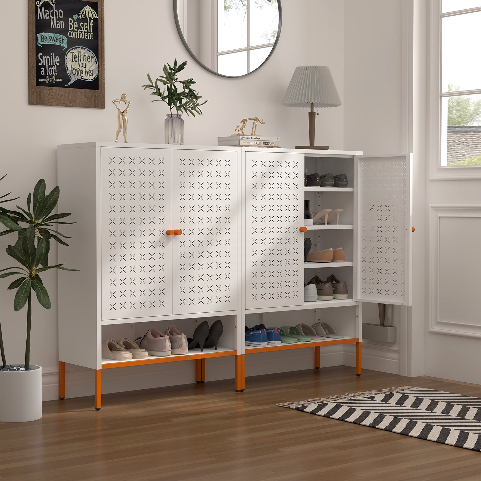 Grid - Double Door Shoe Cabinet With Adjustable Compartments And Moisture Proof Design In Metal - White - Image 4