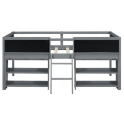 Twin Size Low Loft Bed With Movable Shelves And Ladder, Decorative Chalkboard Guardrail - Gray