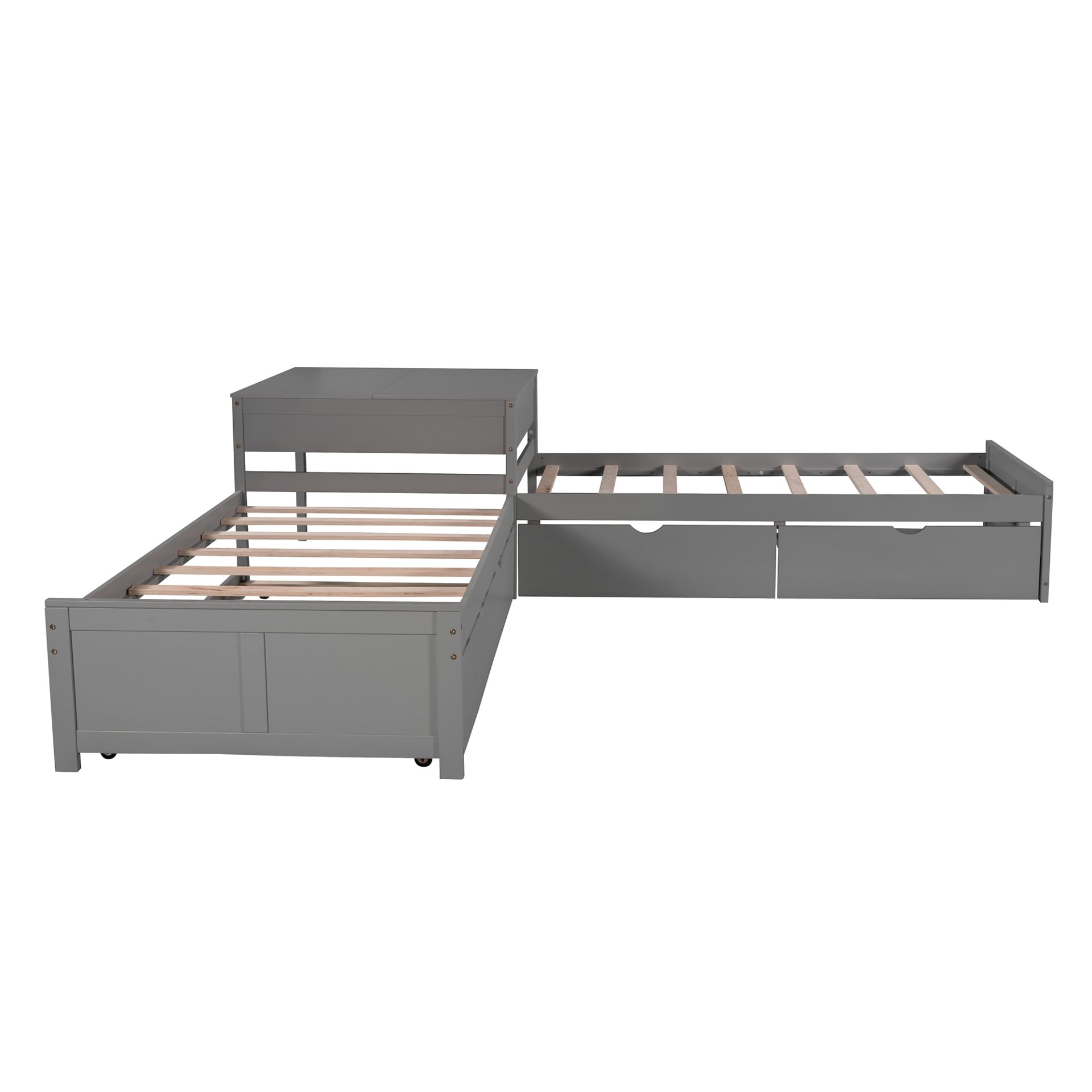 L-Shaped Platform Bed With Trundle And Drawers Linked With Built In Desk, Twin - Gray - Image 9