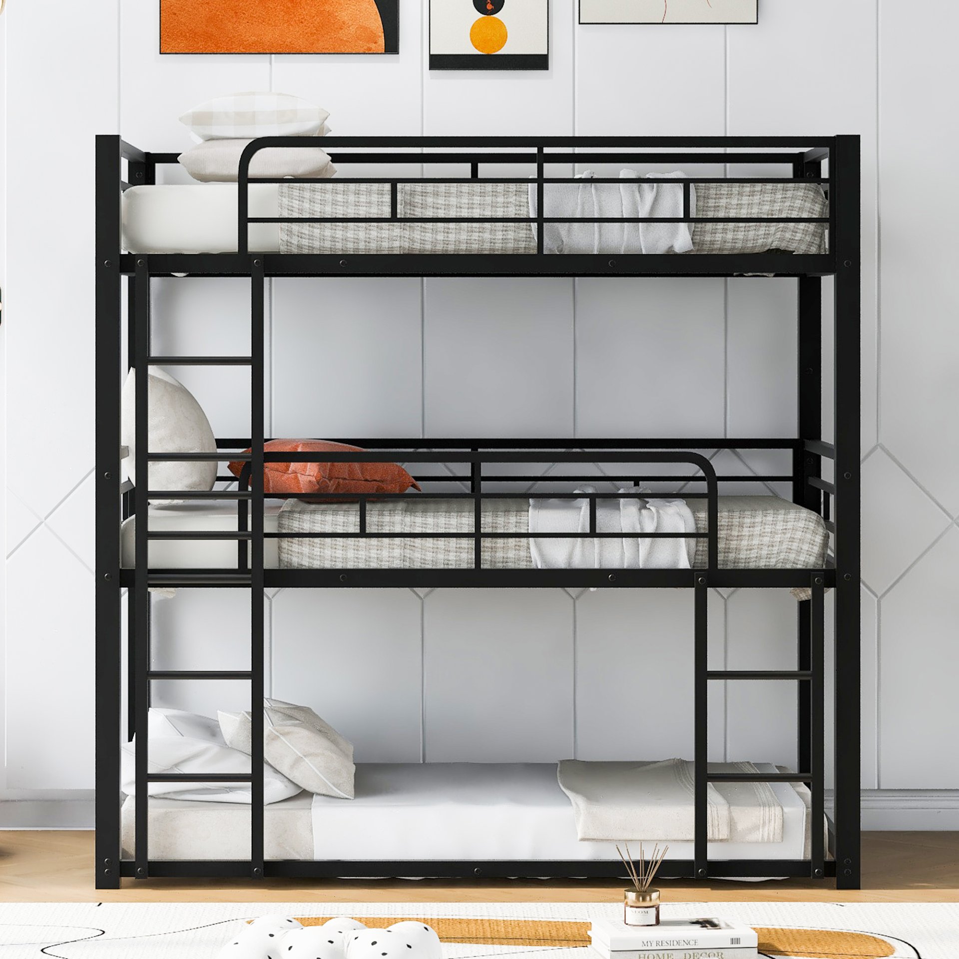 Twin Size Triple Bunk Bed Sturdy 3 Bed Stack With Dual Ladders, Heavy Duty Steel Frame, Space Saving Design - Black - Image 4