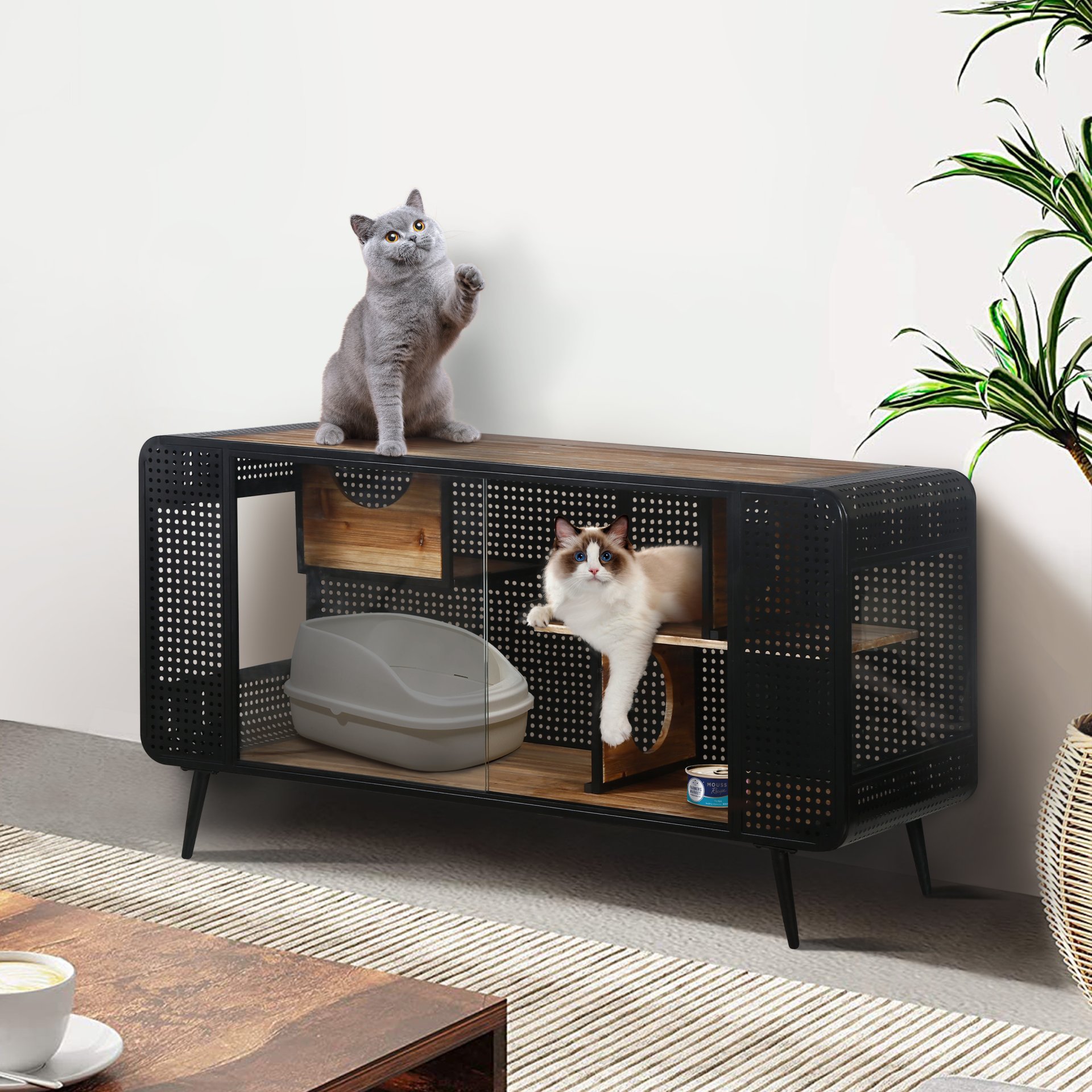 Modern Spacious Cat House With Tempered Glass And Iron Frame For Living Room - Black / Brown - Image 5