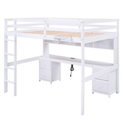 Full Size Loft Bed With Built In Desk, Storage Cabinets, Drawers, Charging Station, And Bedside Tray - White