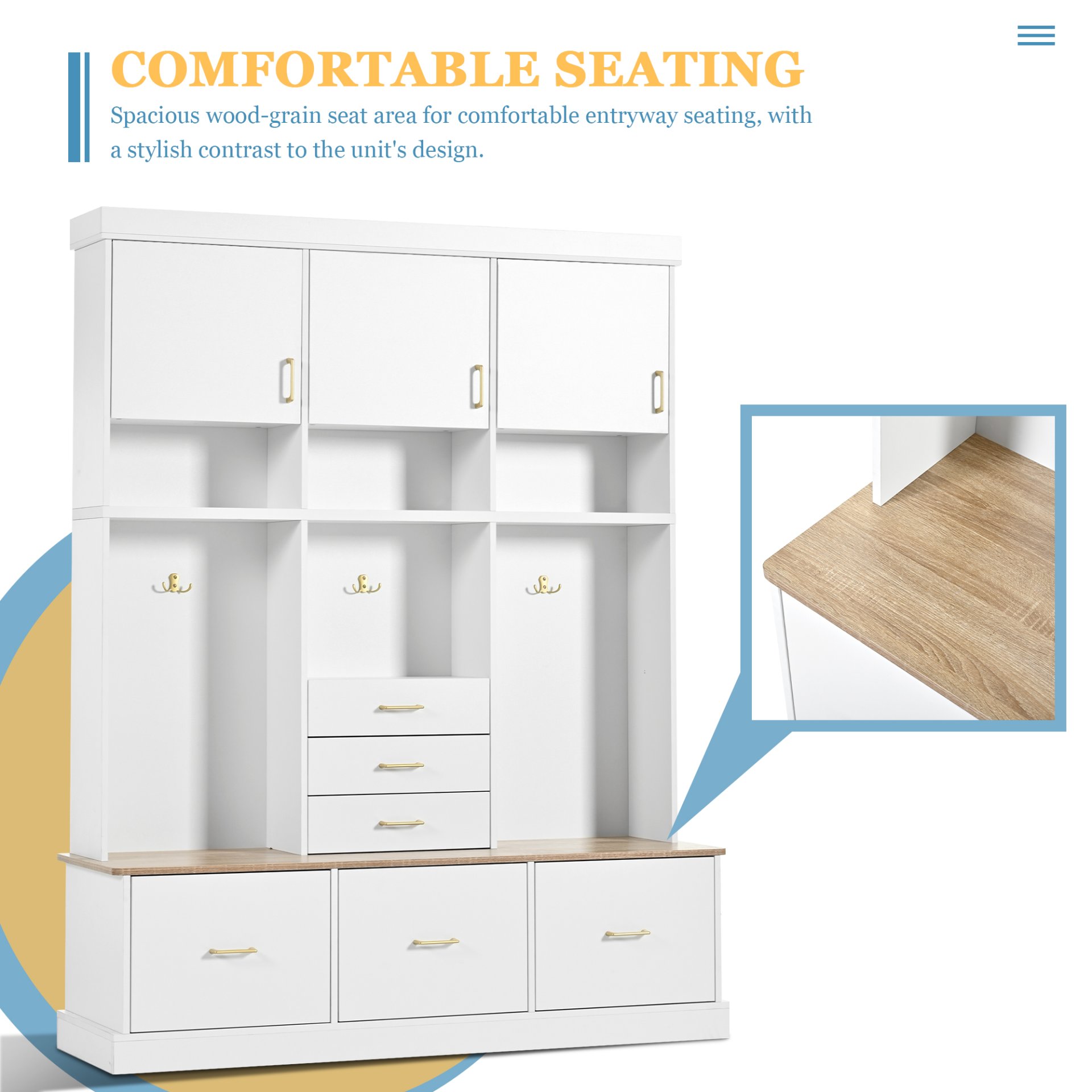 Entryway Hall Tree With Bench And Storage, 5 In 1 Coat Rack, 6 Drawers, 3 Cabinets And 3 Tier Top Storage - White - Image 6