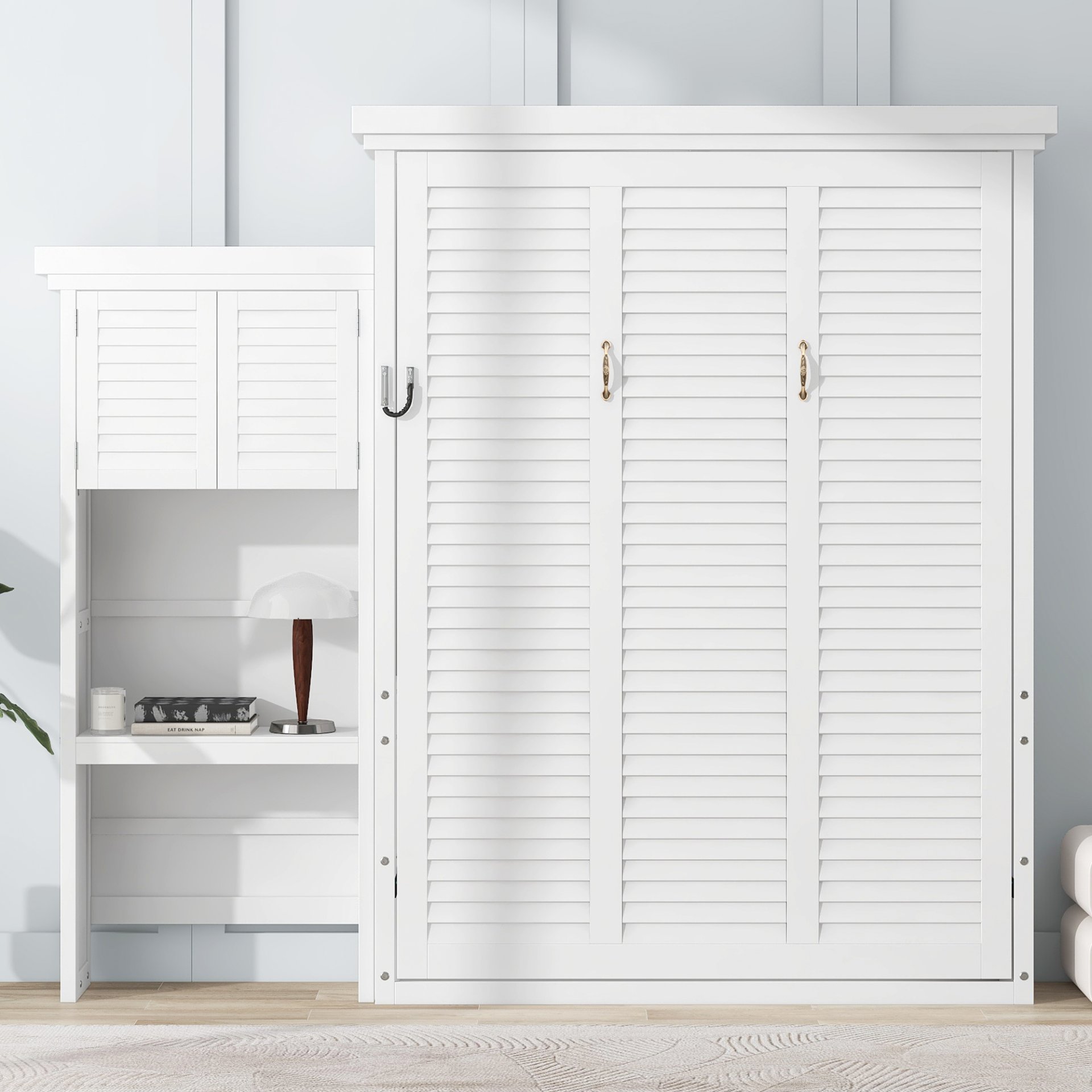 Queen Size Murphy Bed With Louvered Design And Multiple Storage Shelves - White - Image 4