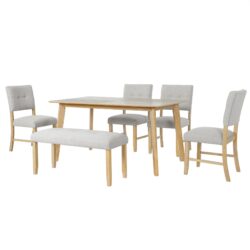 6 Pieces Dining Room Table Set, Rustic Farmhouse Dining Room Rectangular Table With 4 Upholstered Chairs And Bench, Solid Wood Kitchen Dining Table Set For 6 Persons - Natural Wood Wash