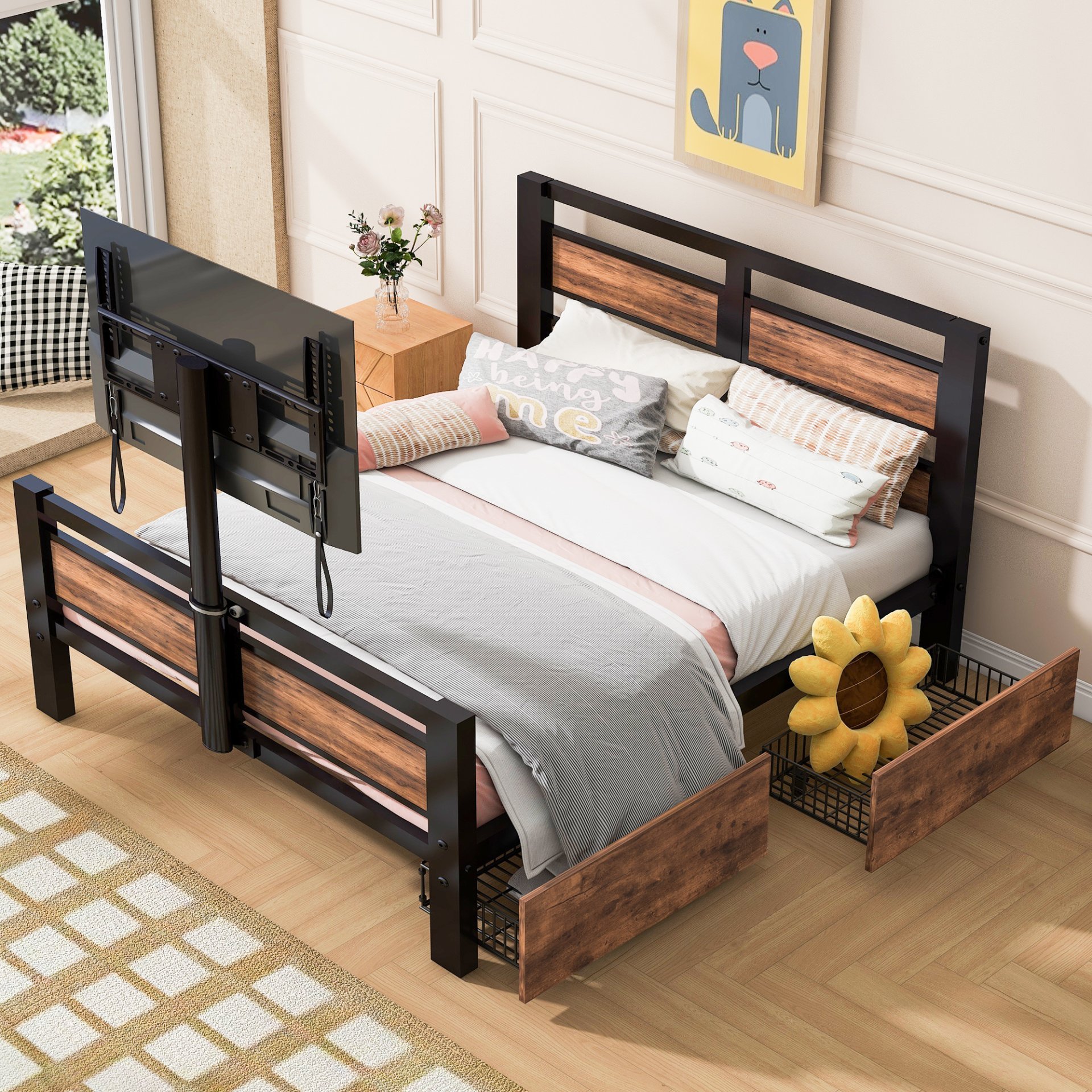 Twin Size Platform Bed With Headboard And Footboard, 2 Storage Drawers And Rotatable TV Stand - Black - Image 5