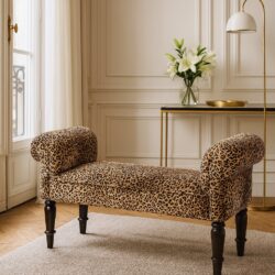 Leopard Print Velvet Bench - Walnut