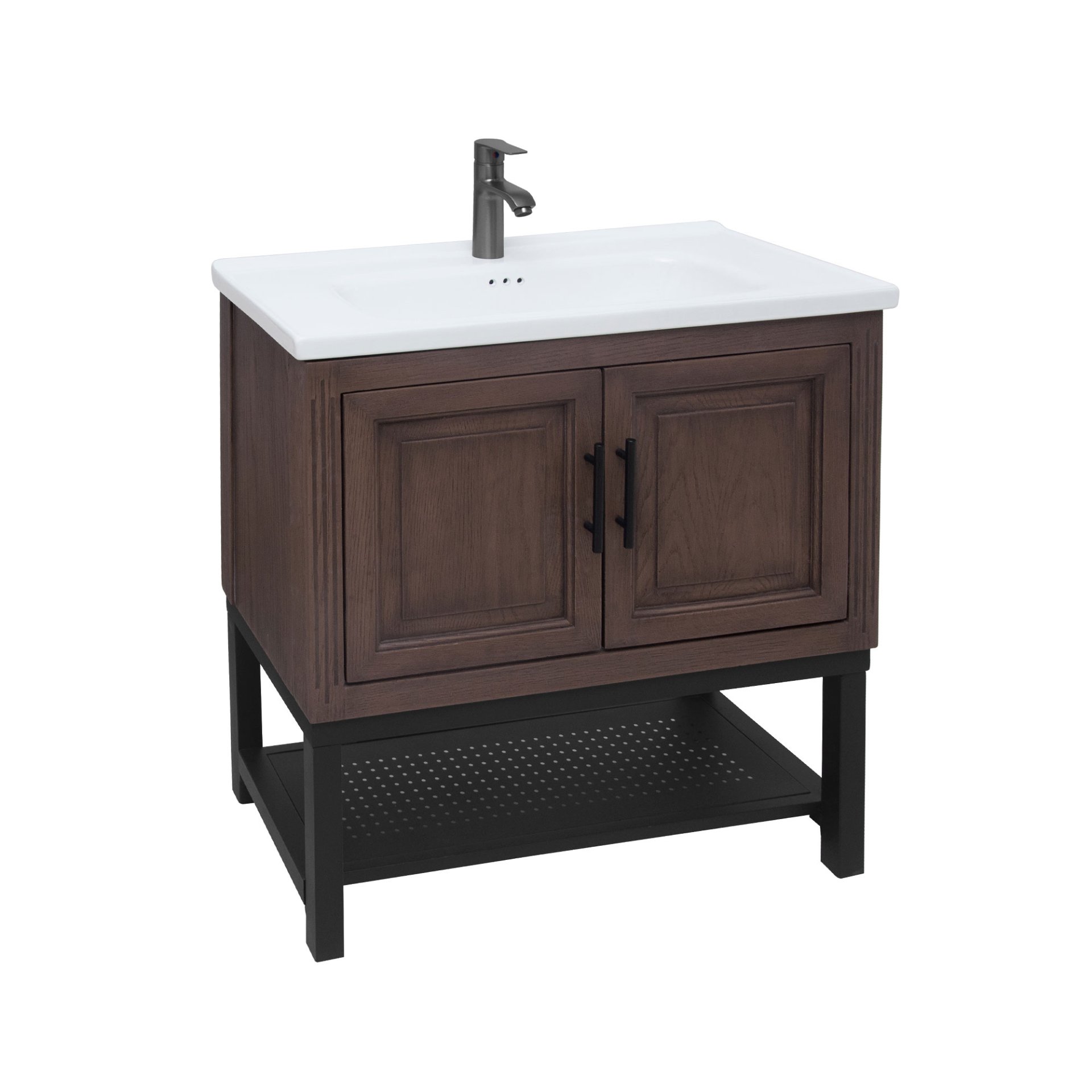 Modern Freestanding Bathroom Vanity With White Ceramic Sink, Hot And Cold Faucet, 2 Door Cabinet & Open Iron Shelf, Magnesium Oxide And Iron Frame - Walnut - Image 8