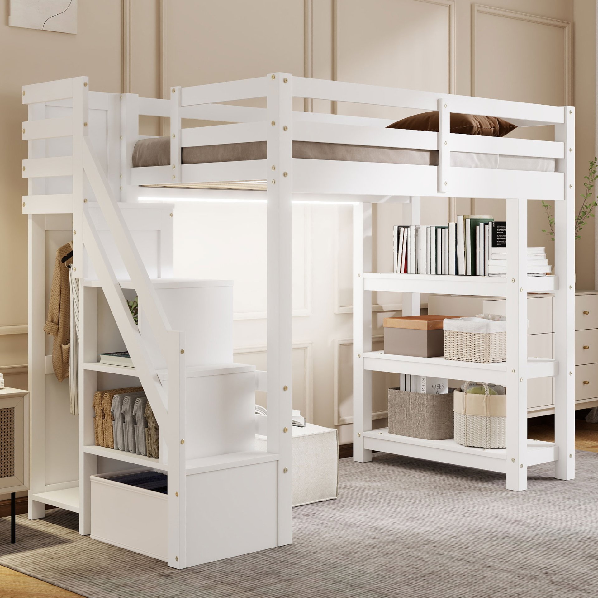 Twin Size Loft Bed With 4 Layer Shelves, Storage Staircase, Small Wardrobe And LED Light - White - Image 2