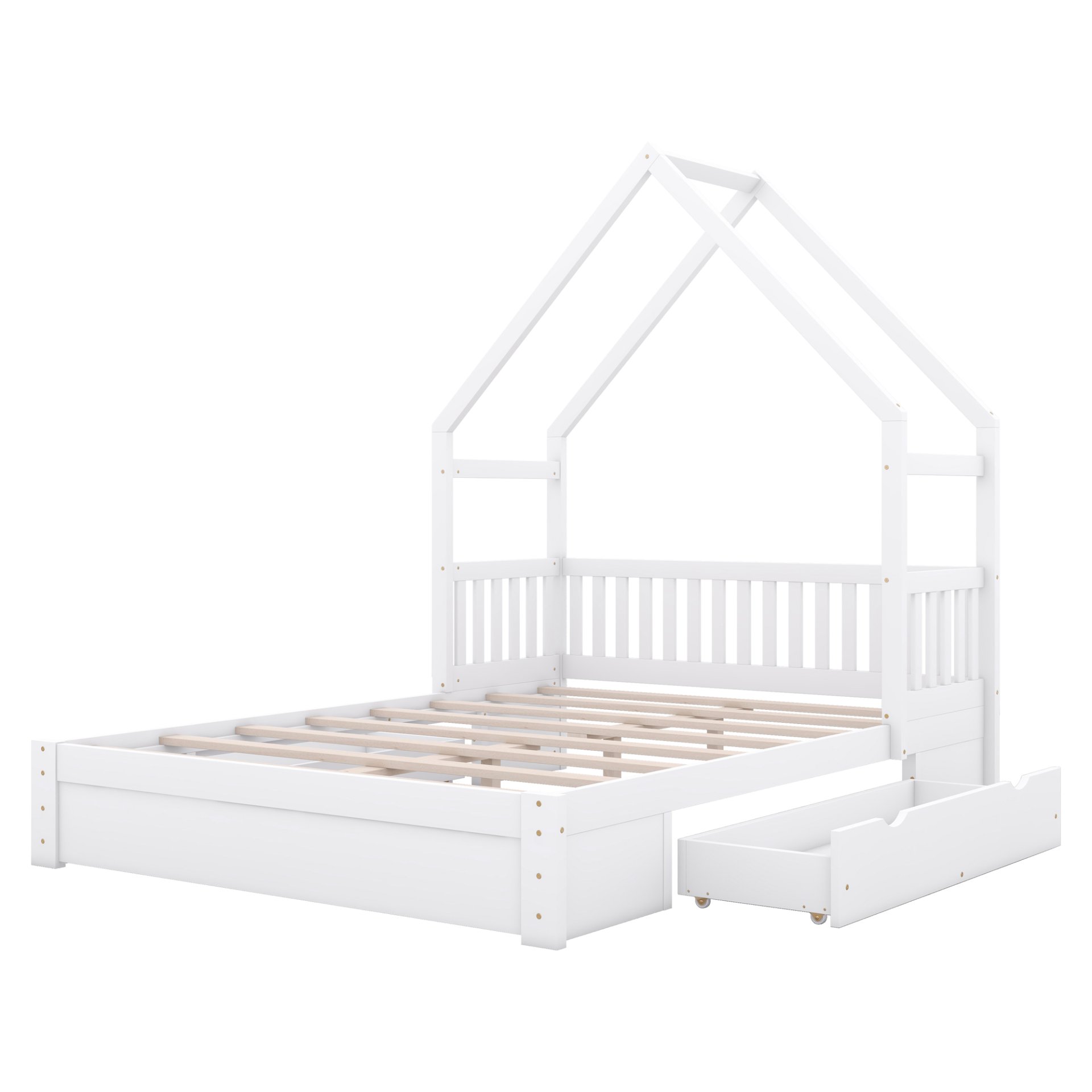 House Style Queen Size Platform Bed With Guardrail And 2 Drawers - White - Image 7