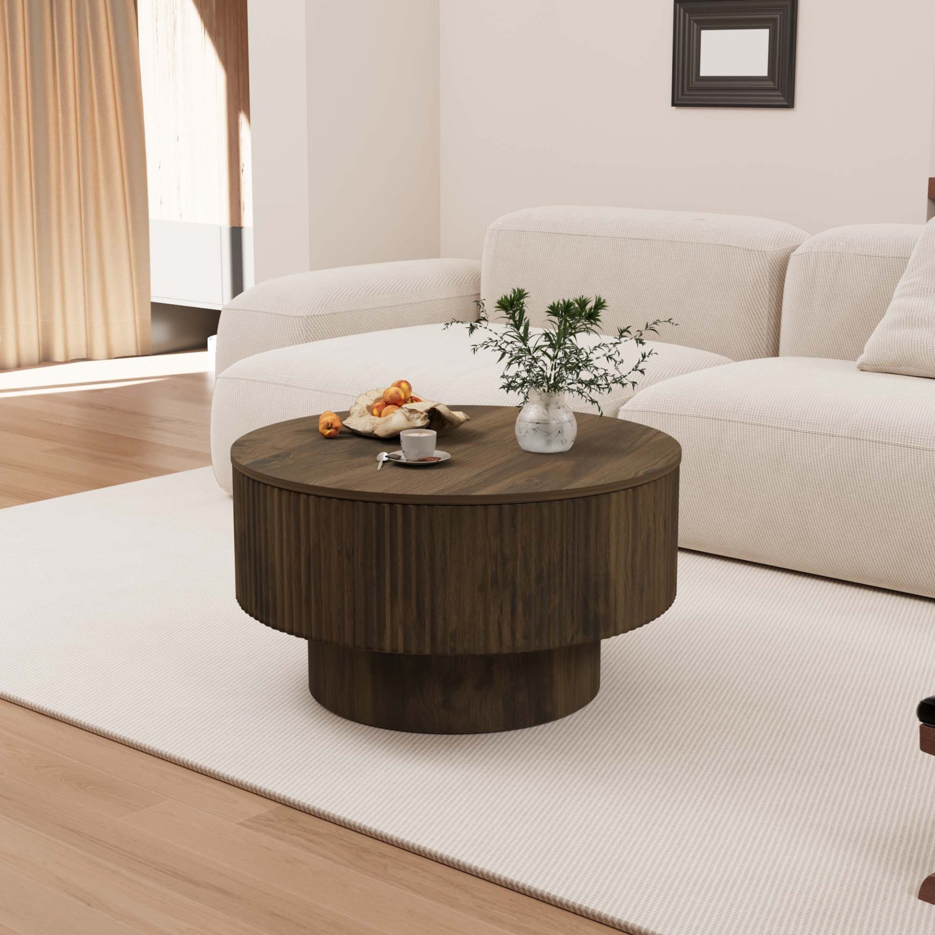Circular Coffee Table With Stripe Design And Hidden Storage - Walnut - Image 4