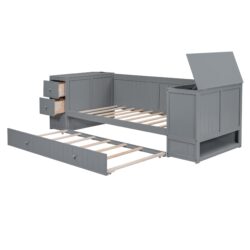 Twin Size Daybed With Storage Arms, Trundle, Charging Station - Gray