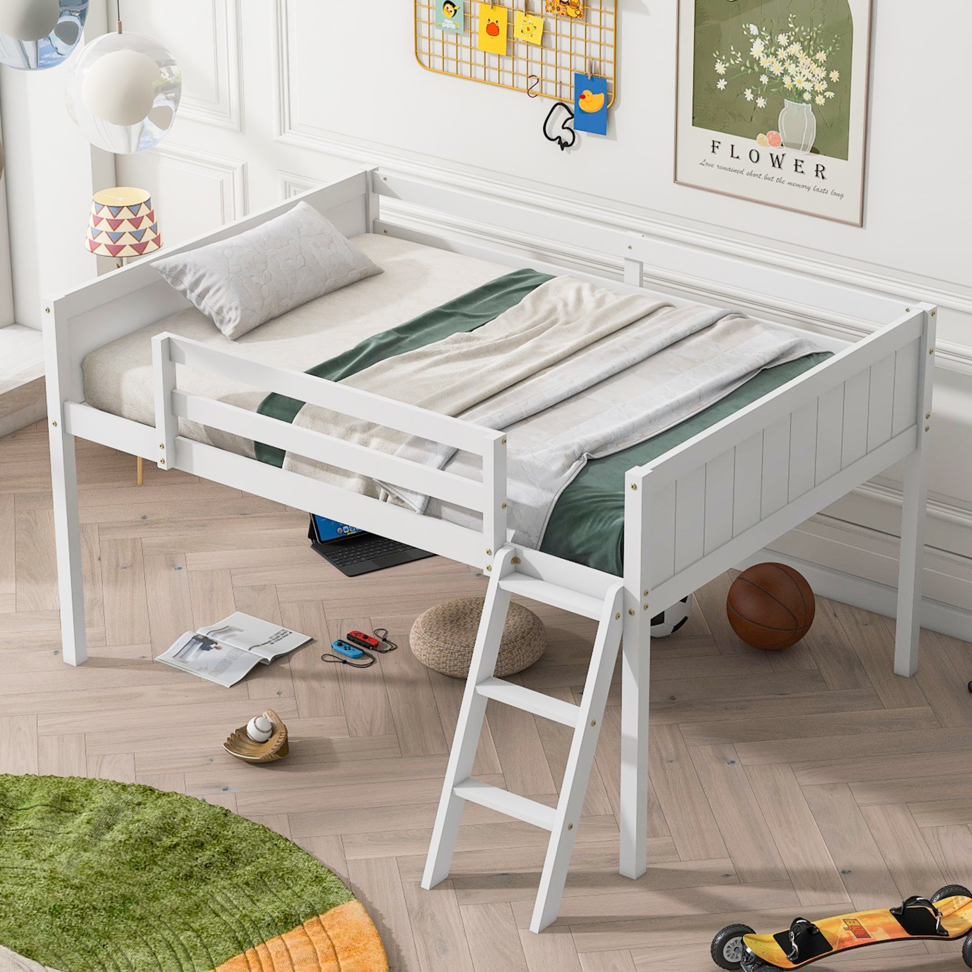 Full Size Low Loft Bed With Adjustable Ladder - White - Image 2