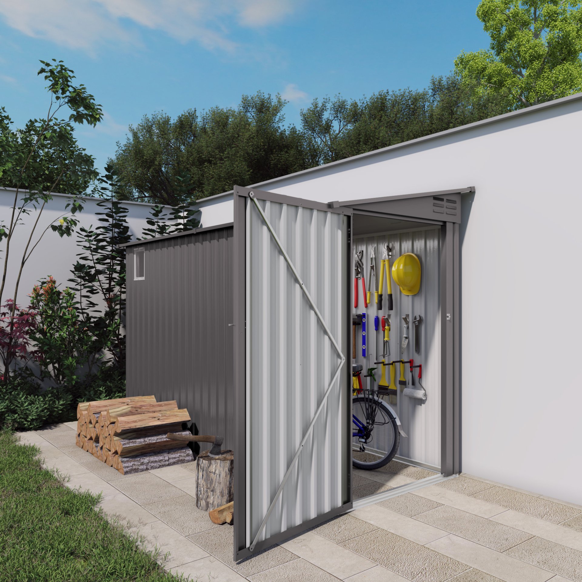 Metal Outdoor Storage Shed 4 X 9 Ft With Sloping Roof, Vents, And Side Door - Gray - Image 14