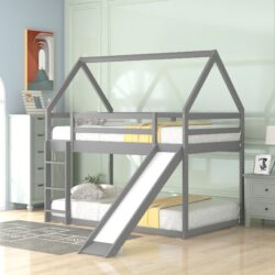 House Shape Twin Over Twin Bunk Bed With Slide And Ladder - Gray