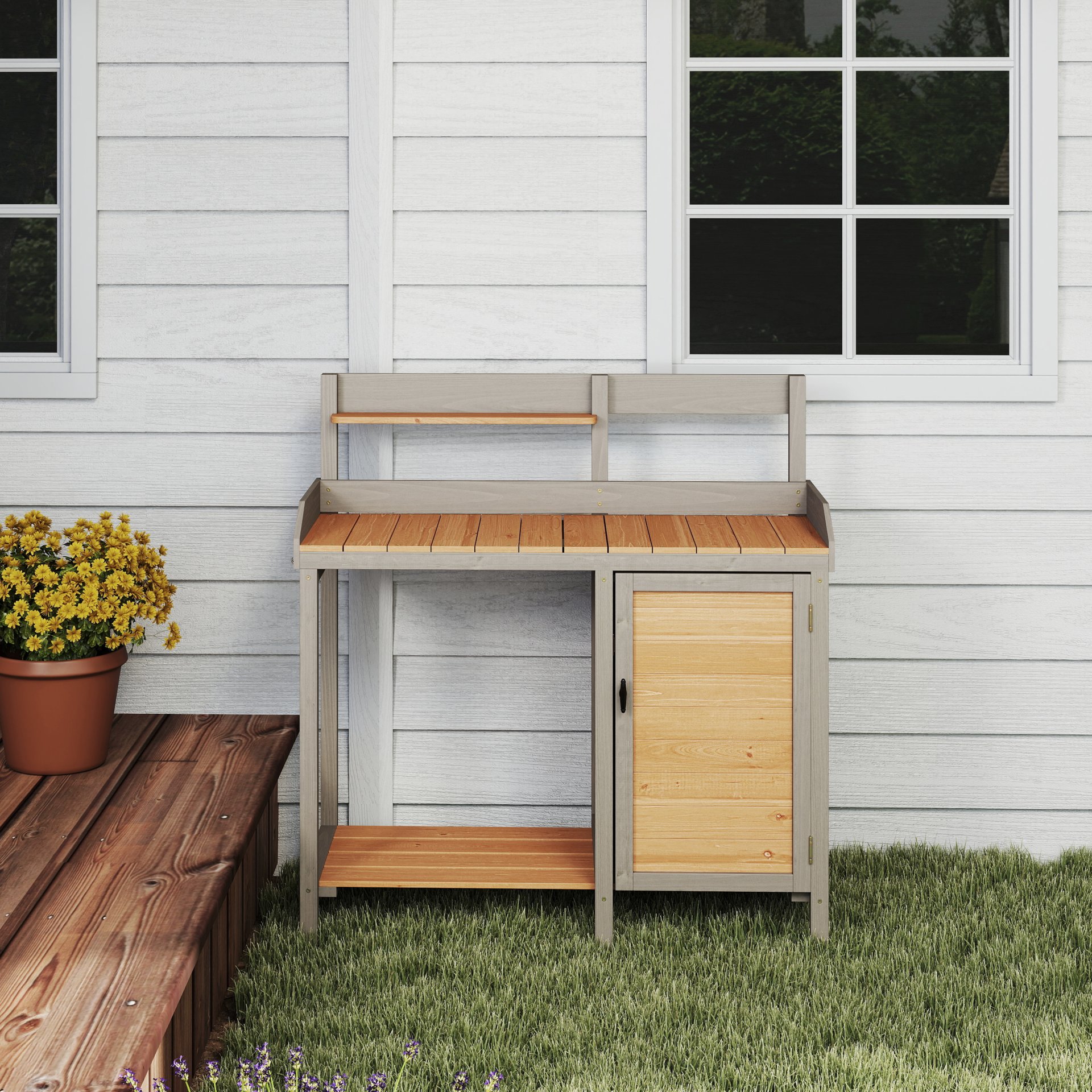 Outdoor Potting - Bench, Workstation Table With Cabinet For Backyard Garden Supplies - Brown / Gray - Image 8