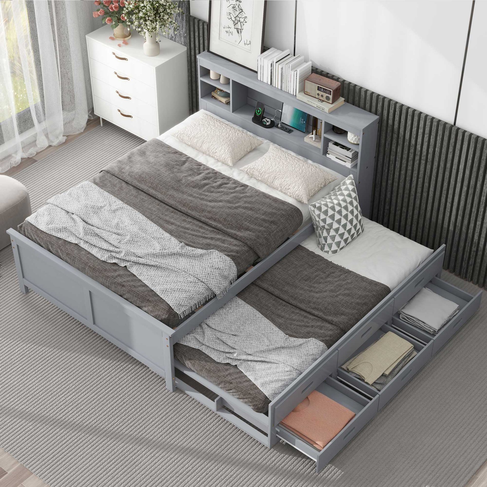 Full Size Platform Bed With Storage Headboard, USB Ports, Twin Trundle, 3 Drawers Construction - Gray - Image 6